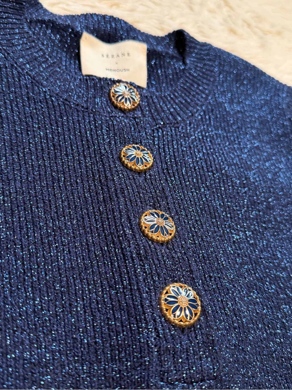 NWT Sézane x Manoush Vera Sweater in Marine Blue Metallic Knit - Size Medium - Picture 2 of 6